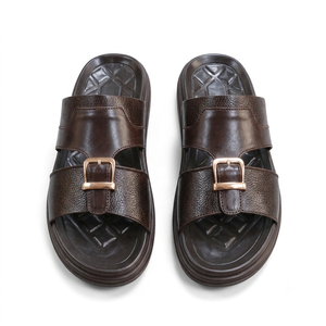 Brown Genuine Leather Men's Slides Open Toe Buckle Strap Slip Resistant Rubber Midsole Suede Lining Summer Outdoor <b>Slippers</b> - Product Image 3