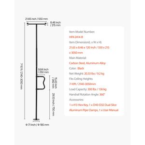 Barre d'appui de sécurité pour salle de bain, capacité 300 lb, poignée courbe antidérapante, fixation par tension, pour transfert du sol au plafond - Product Image 3
