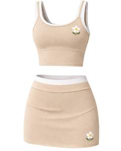 Conjunto de dos piezas beige personalizado para mujer: top corto y minifalda de cintura alta, elástico, informal, para verano, ropa deportiva. - Product Image 1