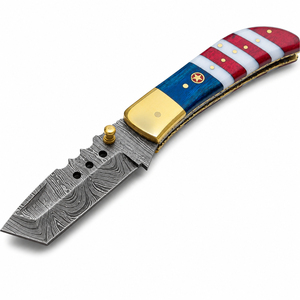 Burraq OEM Handmade Industrial Grade Damascus Steel Multi-Functional 9-inch <b>Clip</b> Point Pocket Knife Resin American Flag Handle - Product Image 1