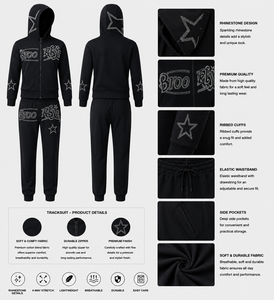 Survêtements unisexes à strass, coupe ample, sweat à capuche et pantalon évasé, pour hommes, entièrement ornés de pierres, 100% coton, épais, OEM - Product Image 3
