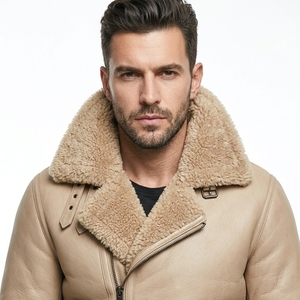 Veste aviateur en cuir véritable beige pour homme avec doublure en fausse fourrure, fermeture éclair, ceinture à la taille, vêtement d'hiver - Product Image 2