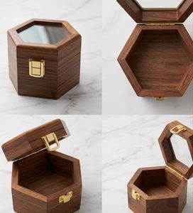 Boîte hexagonale en bois massif avec couvercle en verre, décoration de table moderne faite à la main, cadeau de mariage - Product Image 3