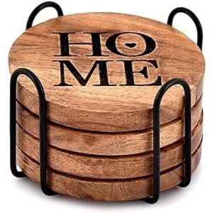 Handcrafted Mango Wood Coasters Set with Holder Laser Engraved Tree of Life Pattern Rustic <b>Table</b> Drink Coasters <b>for</b> <b>Home</b> Coaster - Product Image 3