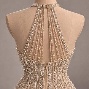 Halter Embroidered Beaded Fringe Vintage Luxury Organza Mini <b>Dress</b> Sheath Sheer Asymmetrical Hem <b>Extravagant</b> Prom Adult - Product Image 5