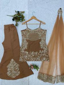 Ensemble indien pakistanais pour femmes, haut brodé sans manches, pantalon large, dupatta en filet, séchage rapide, tenue de fête de mariage - Product Image 5