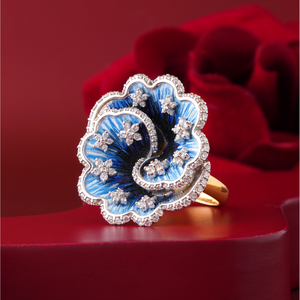 Blue Enamel Flower <b>Ring</b> with Lab Grown Diamond 14K Gold VVS-VS DEF Statement Elegant <b>Fine</b> Jewelry - Product Image 2