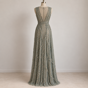 Robe de soirée vintage longue en satin vert, ornée de perles et de sequins, coupe trapèze à taille naturelle, sans manches, col en V, brodée, pour mariage - Product Image 3