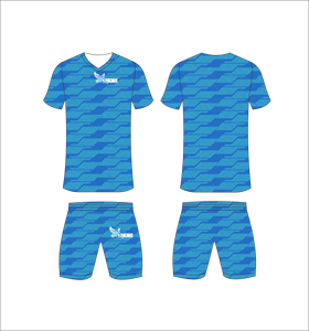 Ensemble de maillot de football sublimé pour hommes Ferocious, motif géométrique bleu, col en V, manches courtes, uniforme respirant - Product Image 1