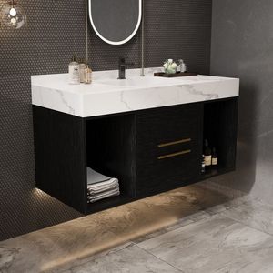 Meuble-lavabo de salle de bain moderne de 39.4 pouces avec évier en céramique Armoire de rangement murale 2 tiroirs 2 espaces Vanité flottante Poignées en métal - Product Image 4