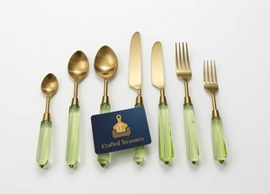 Luxury Style Flatware Set Matte Gold Finish Stainless Steel With Green <b>Acrylic</b> Handle Wedding Tableware Rust Resistant Utensil - Product Image 6
