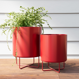 Pots de fleurs en métal rouge avec supports en fer, pots cylindriques modernes, supports décoratifs pour plantes, pour la maison - Product Image 1