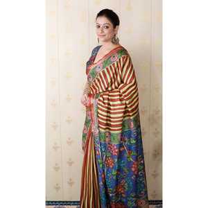 ผ้าไหมทัสซาร์สีน้ำตาลลายทาง ยี่ห้ออีลิท วีฟส์ น้ำหนัก 450 กรัม สำหรับงานปาร์ตี้ ลายพิมพ์ด้วยด้ายซารี ทอแบบอินเดียและปากีสถาน - Product Image 3