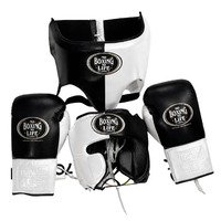 No Boxing No Life Ensemble d'équipement de boxe noir et blanc, comprenant des gants en cuir, un protège-tête, une protection inguinale, pour adulte, à lacets, respirant, pour l'entraînement