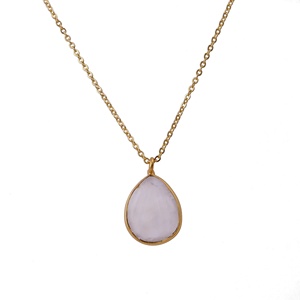 Handcrafted Natural <b>Rainbow</b> Moonstone Teardrop Pendant Necklace Carving Gemstone Gold-Plated Bezel Set Trendy Elegant Jewelry - Product Image 1