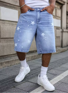 Mens blue denim shorts for spring and summerwith stars printed on the legsare stylish and simple to <b>match</b> - Product Image 4