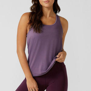 Women's Purple Scoop Neck Tank <b>Top</b> With <b>Cross</b> Back Design Breathable Knitted Sporty Fit Solid Color Workout Wear - Product Image 2