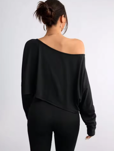 Chemise à manches longues noire pour femme, t-shirt décontracté, col asymétrique, haut sans bretelles pour le sport - Product Image 2
