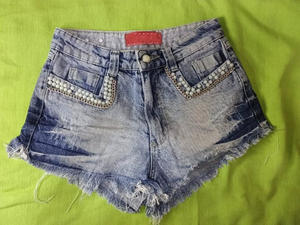 Shorts de mezclilla de tiro medio personalizados para mujer con pedrería, estilo casual y elegante, a la moda para verano, corte recto, cintura con logo sexy - Product Image 2