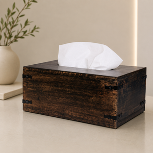 Caja de pañuelos de madera de acacia rústica con acabado oscuro quemado, hecha a mano, rectangular, duradera, para decoración del hogar, oficina o baño. - Product Image 1