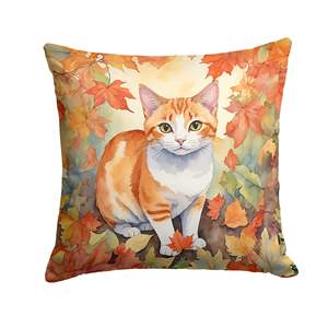 Japanese Bobtail <b>Cat</b> on Fall Leaves Decorative Pillow Machine Washable for Indoor & Outdoor 14Hx14W for <b>Couch</b> Bed & Patio Decor - Product Image 1