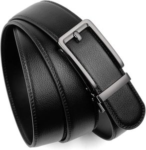 Cinturón Casual de Cuero Genuino para Hombre, Color Negro Sólido, Hebilla Rectangular Plateada, Duradero, Moldeado en una Sola Pieza, 3.5cm de Ancho, 110cm - Product Image 1