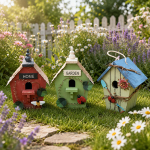 Handcrafted <b>Wooden</b> Birdhouse with Blue Roof and Colorful Floral Decorations Hanging Garden Bird <b>House</b> Outdoor Backyard Decor - Product Image 2