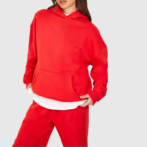 High-end Design Women's <b>Red</b> Tracksuit Casual Loose Fit Full Sleeve <b>Hoodie</b> Wide Leg Pants Solid Color 100% Cotton Breathable - Product Image 3