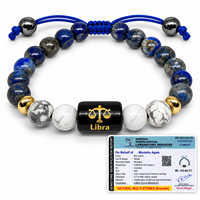 Bracelet de qualité supérieure du signe Zodiaque Libra, perles de lapis-lazuli bleu de 8 mm et de marbre blanc avec breloque en pierre noire gravée au laser, bijoux faits à la main