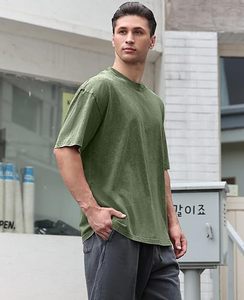 T-shirt en coton à manches courtes pour homme, couleur unie, style décontracté, col rond, vert et noir - Product Image 3