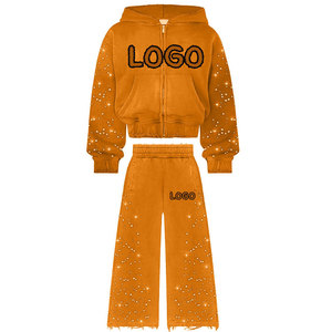 Custom Logo Women Rhinestone Tracksuit Set <b>Zip</b> <b>Up</b> <b>Cropped</b> Hoodie Wide Leg Sweatpants Set Embellished Heavyweight 2 Piece Set - Product Image 1