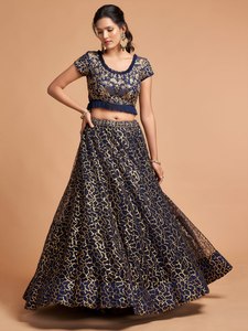 Navy Blue Thread Embroidered Net A-Line <b>Lehenga</b> Choli Semi-Stitched Polyester/Cotton Party Wedding Outfit with Dupatta - Product Image 4