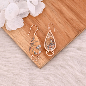 Boucles d'oreilles pendantes en laiton plaqué or rose, style bohème, avec pierre précieuse Malinga Jasper, serti clos, design personnalisé - Product Image 4