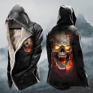 Chaqueta cortavientos gris con capucha y logotipo personalizado impreso en 3D, estilo parka holgada y gruesa con botones de felpa. - Product Image 4