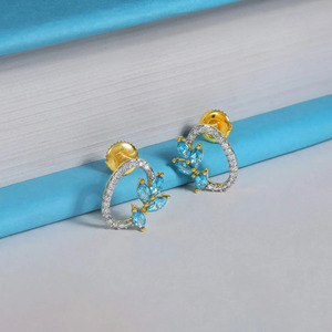 ต่างหูแบบห่วงเปิดประดับเพชร Aqua Leaf Vine พร้อมกรอบประกายระยิบระยับโค้งมน - Product Image 4