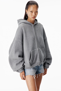 Sweat-shirt à capuche zippé oversize pour femme, gris uni, en coton et bambou tricoté, respirant, pour l'automne, épaules tombantes, manches longues - Product Image 2