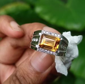 Natural Citrine <b>Mens</b> 925 Sterling <b>Silver</b> Luxury Engagement <b>Ring</b> Prong Emerald Cut Third Party Certified Wedding Engagement - Product Image 1
