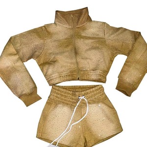 Ensemble veste courte zippée et short 100 % coton pour femme avec logo personnalisé, vêtements d'été, ensemble survêtement avec strass, haut et short - Product Image 3