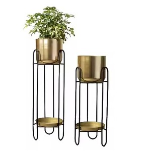 Hot Demand Modern Style <b>Plant</b> <b>Stand</b> Polished Brass Metal <b>Pot</b> Slender <b>Black</b> U-Shaped Wire Frame Holder Set For Office Corner Use - Product Image 1