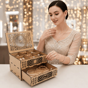 Wooden <b>Chest</b> of Drawers Style Jewelry Box | Decorative Laser Cut Organizer for Home Vanity Accessories & Keepsake Collection - Product Image 5
