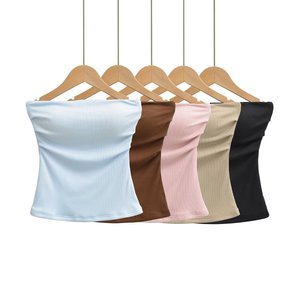 Women's Brown <b>Strapless</b> Knitted Tank <b>Top</b> Solid Color Minimalist Style Regular Length Spandex Cotton Blend - Product Image 6