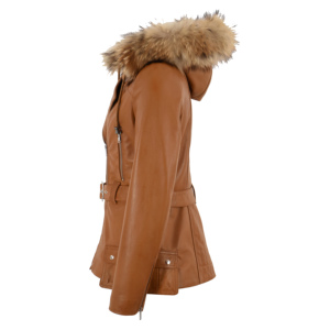 Women's Winter Genuine Napa Leather <b>Hooded</b> Parka <b>Coat</b> Detachable Faux <b>Fur</b> Trim <b>Belted</b> Design Customizable Private Label - Product Image 3