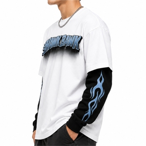 เสื้อยืดแขนยาวสองชั้นสำหรับผู้ชาย เสื้อยืดโอเวอร์ไซส์สตรีทแวร์ผ้าฝ้ายลำลองทรงหลวมไหล่ตกสำหรับผู้ชาย - Product Image 3