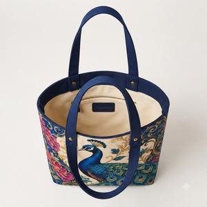 Peacock Royal Floral Printed Cotton Canvas <b>Tote</b> <b>Bag</b> <b>Vintage</b> Large Capacity Women Shoulder Handbag Eco Friendly Reusable Shopping - Product Image 3