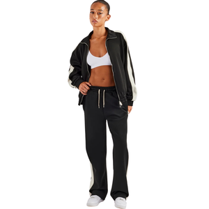Womens Full Zip Turn <b>Down</b> Collar Tracksuit Set Contrast Panel Top Straight Leg <b>Trousers</b> Drawstring Waist Two Piece Casual Outfit - Product Image 1