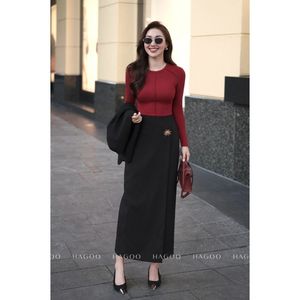 CV473 Black Breathable Casual High Waist Ankle-Length Rhinestone Skirt Women Office Commuter Outfit - Product Image 2
