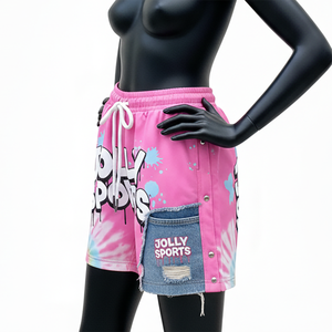 Short de bain pour femme en polyester et élasthanne de haute qualité, 160 GSM, séchage rapide, couleur rose, panneau en denim, logo personnalisé - Product Image 4