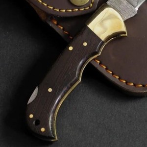 Custom OEM DIY Damascus Steel Folding <b>Knife</b> with <b>Bone</b>+Brass <b>Handle</b> Handmade Pocket <b>Knife</b> Leather Sheath Outdoor EDC Gift - Product Image 2