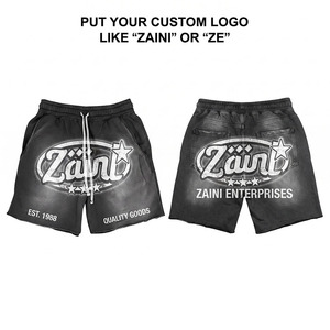 Men Acid Wash <b>Shorts</b> Premium Cotton <b>Woven</b> 140g Custom Sequined Logo Elastic Waist Drawstring Sporty Waterproof Quick Dry - Product Image 1