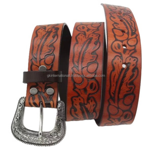 Ceinture en cuir classique pour homme, gravée à la main avec des motifs floraux, style western, avec boucle de cowboy plaquée argent - Product Image 3